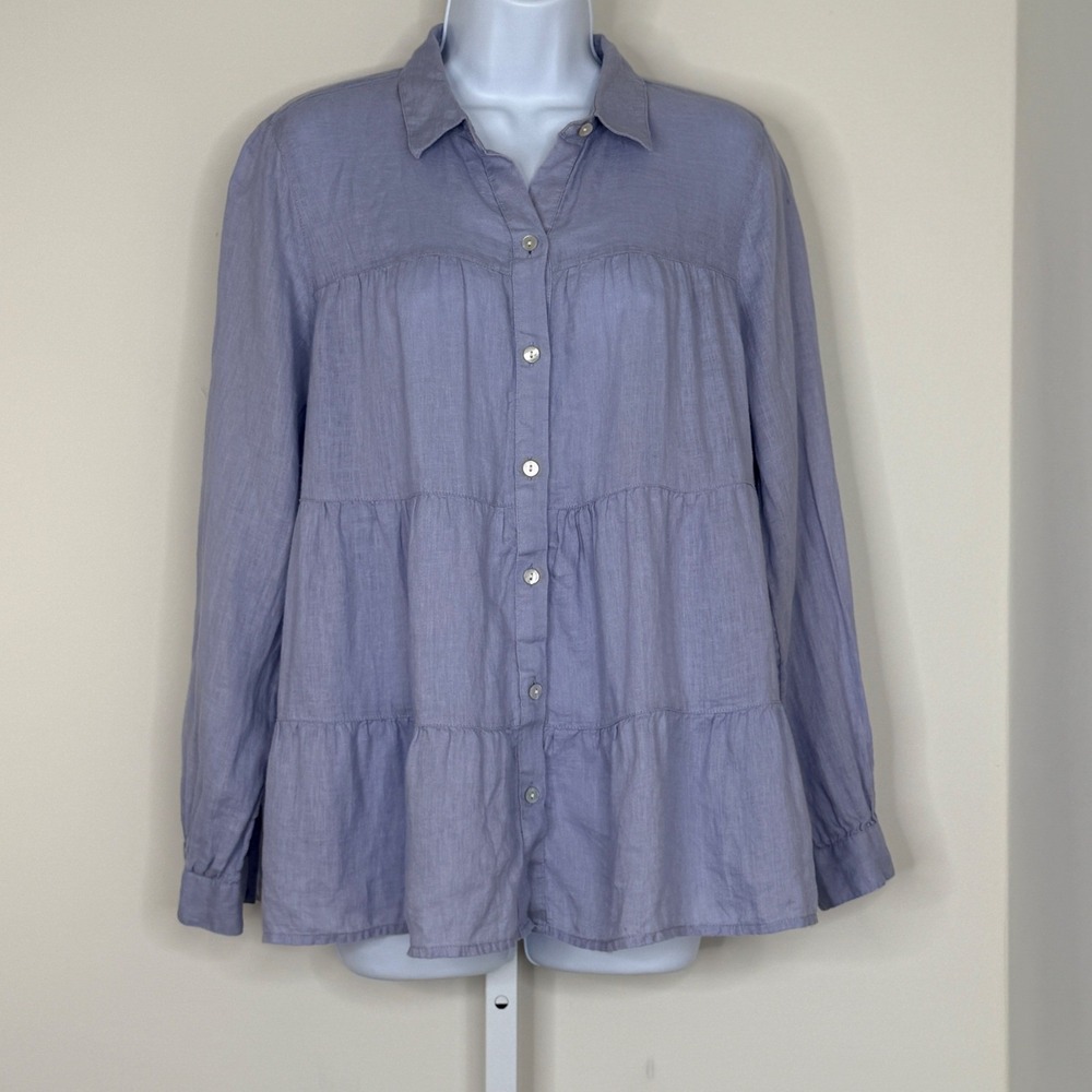 J Jill Love Linen Tier Swing Linen Button Down Long Sleeve Shirt‎ Women's Size S